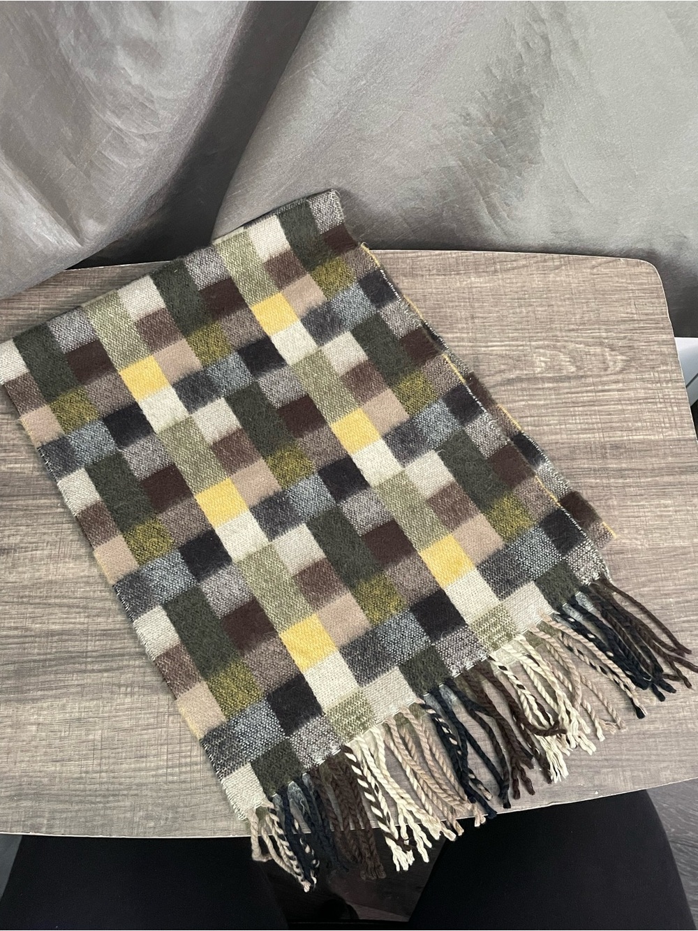Vintage 100% Cashmere Scarf Made in Scotland – Green, Gray & Mustard Yellow